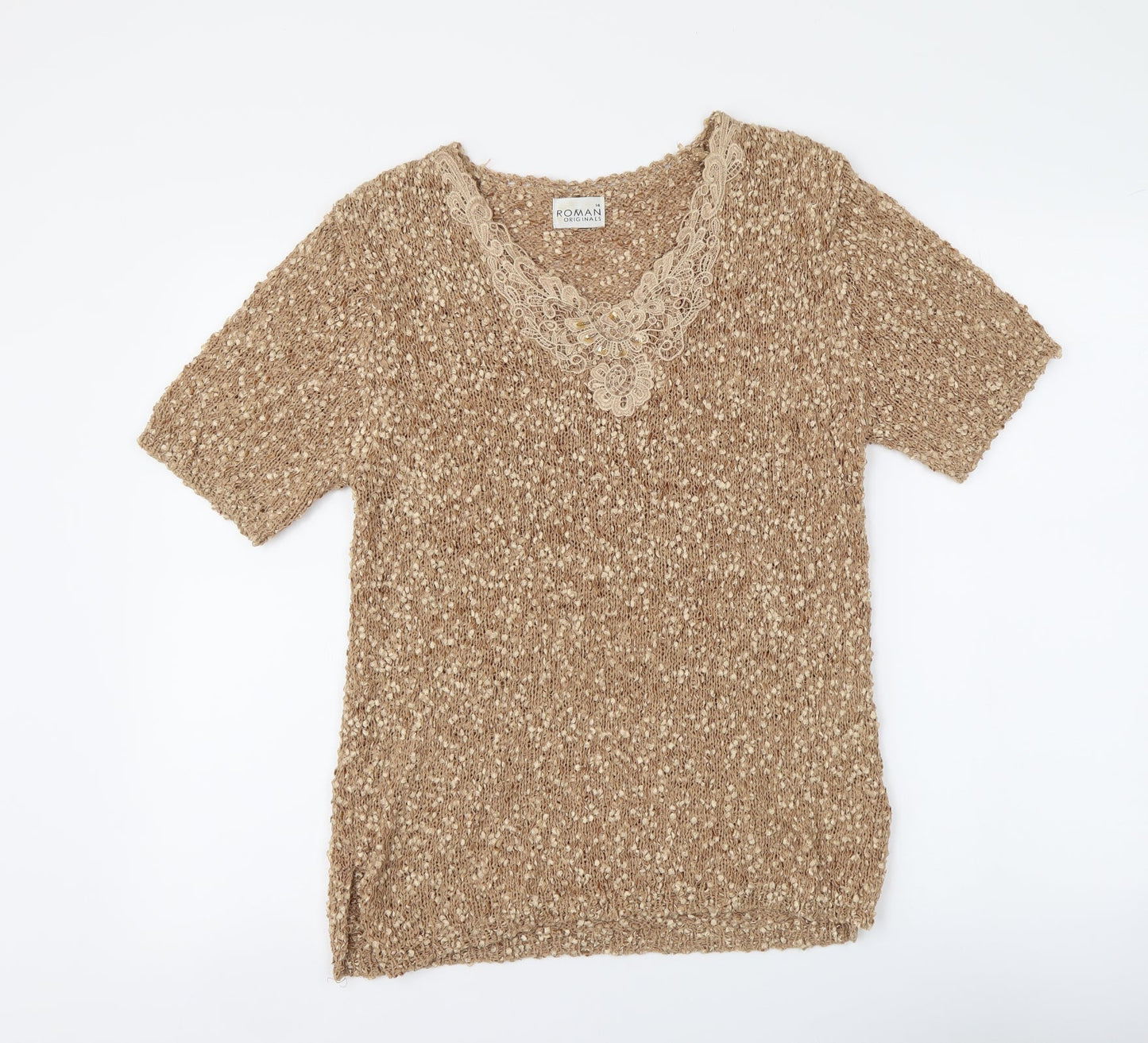 Roman Womens Beige Acrylic Basic Blouse Size 14 Round Neck - Lace Detail