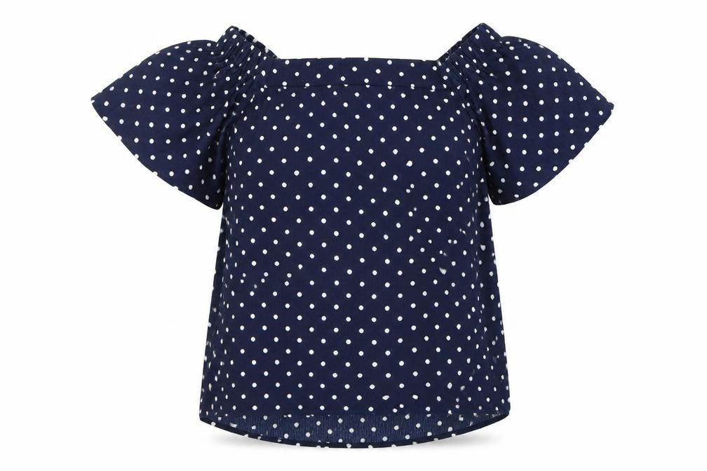 Active Usa Womens Blue Polka Dot Polyester Basic Blouse Size M Off the Shoulder