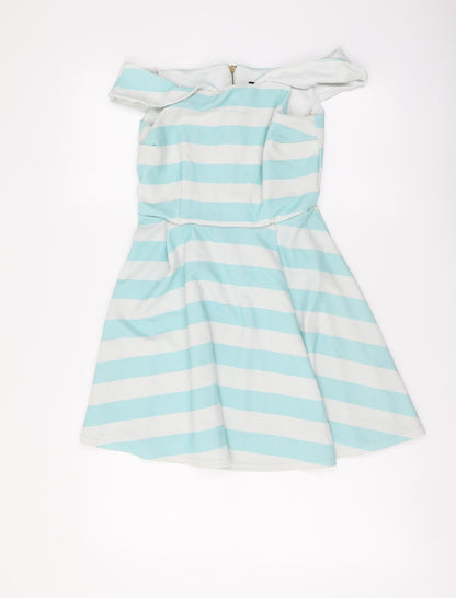 New Look Womens Blue Striped Polyester Mini Size 10 Off the Shoulder Zip