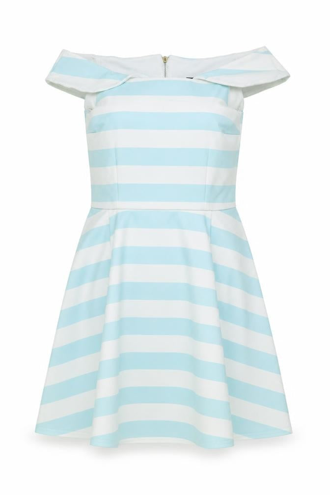 New Look Womens Blue Striped Polyester Mini Size 10 Off the Shoulder Zip