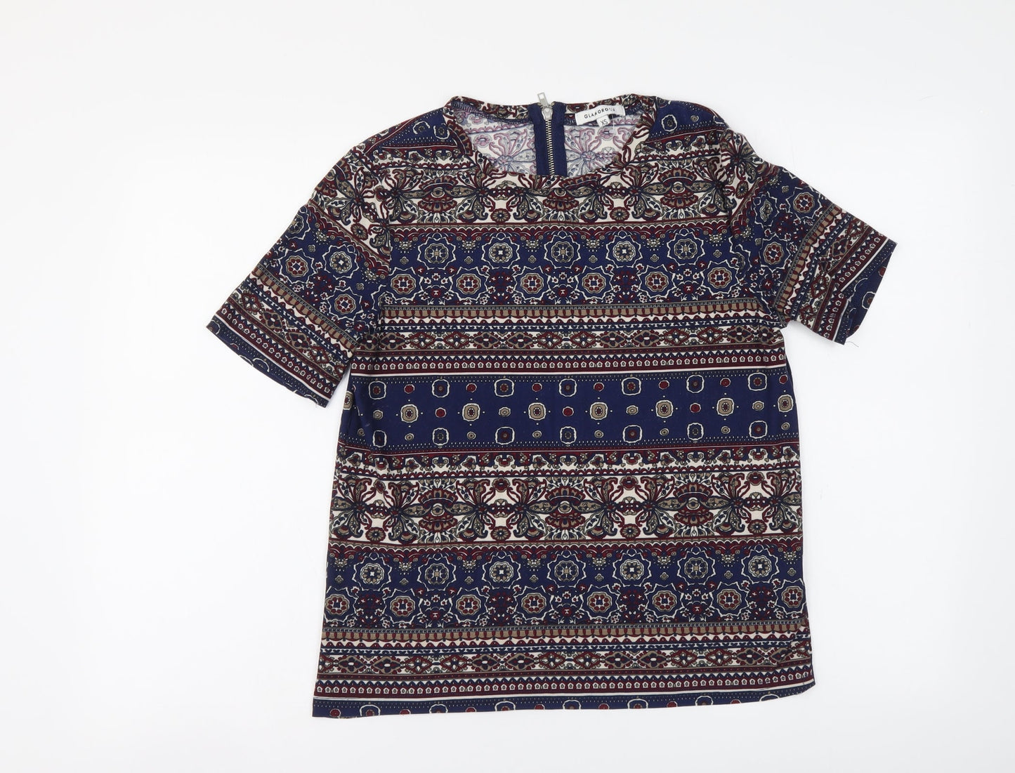 Glamorous Womens Blue Geometric Polyester T-Shirt Size XS Round Neck