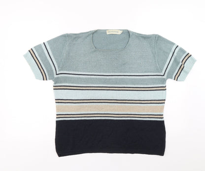Holmewood Womens Blue Square Neck Striped Acrylic Pullover Jumper Size M