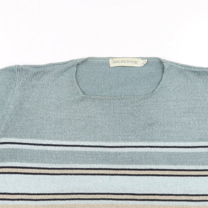 Holmewood Womens Blue Square Neck Striped Acrylic Pullover Jumper Size M