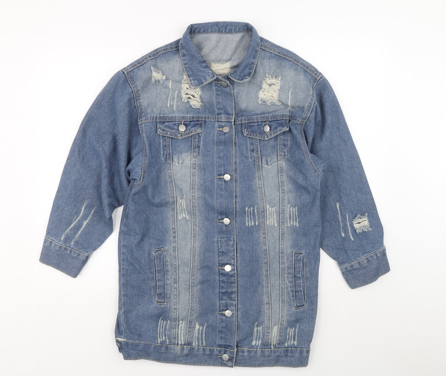 Preworn Mens Blue Cotton Button-Up Size M Collared Button - Distressed Look