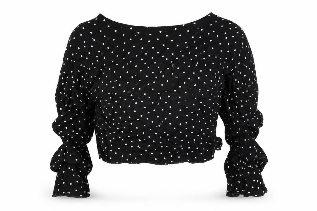 PRETTYLITTLETHING Womens Black Polka Dot Viscose Cropped Blouse Size 10 V-Neck - Ruched