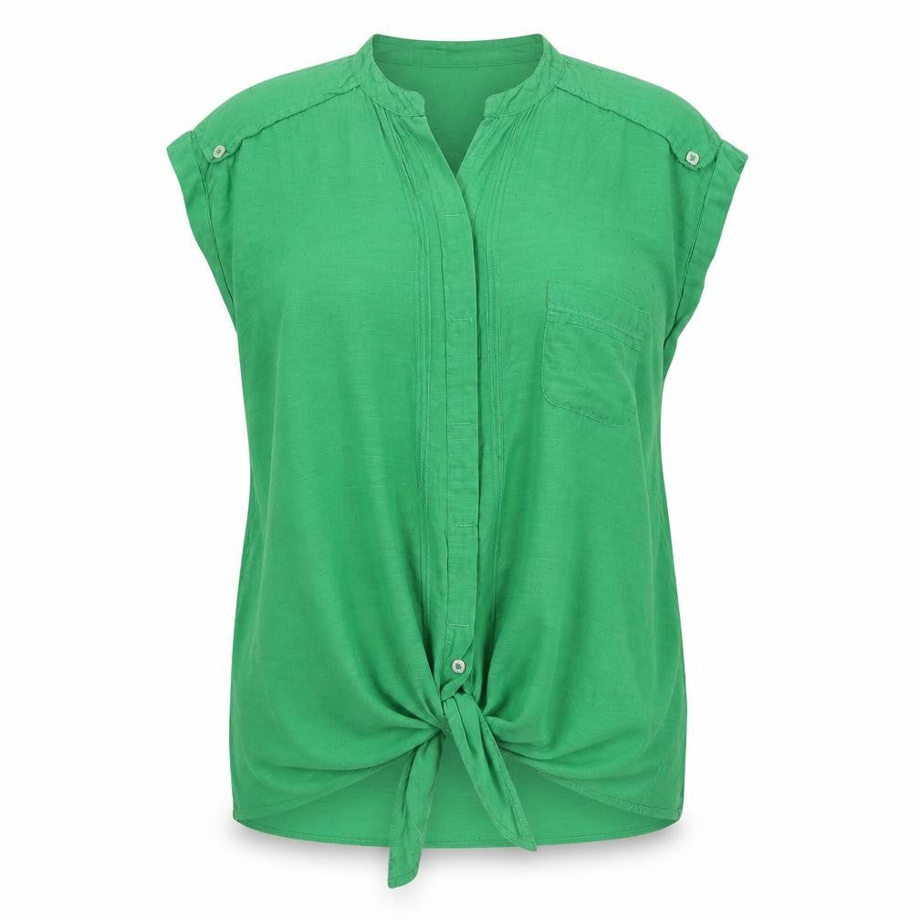 Leara Woman Womens Green Polyester Basic Button-Up Size M Round Neck - Knot detail