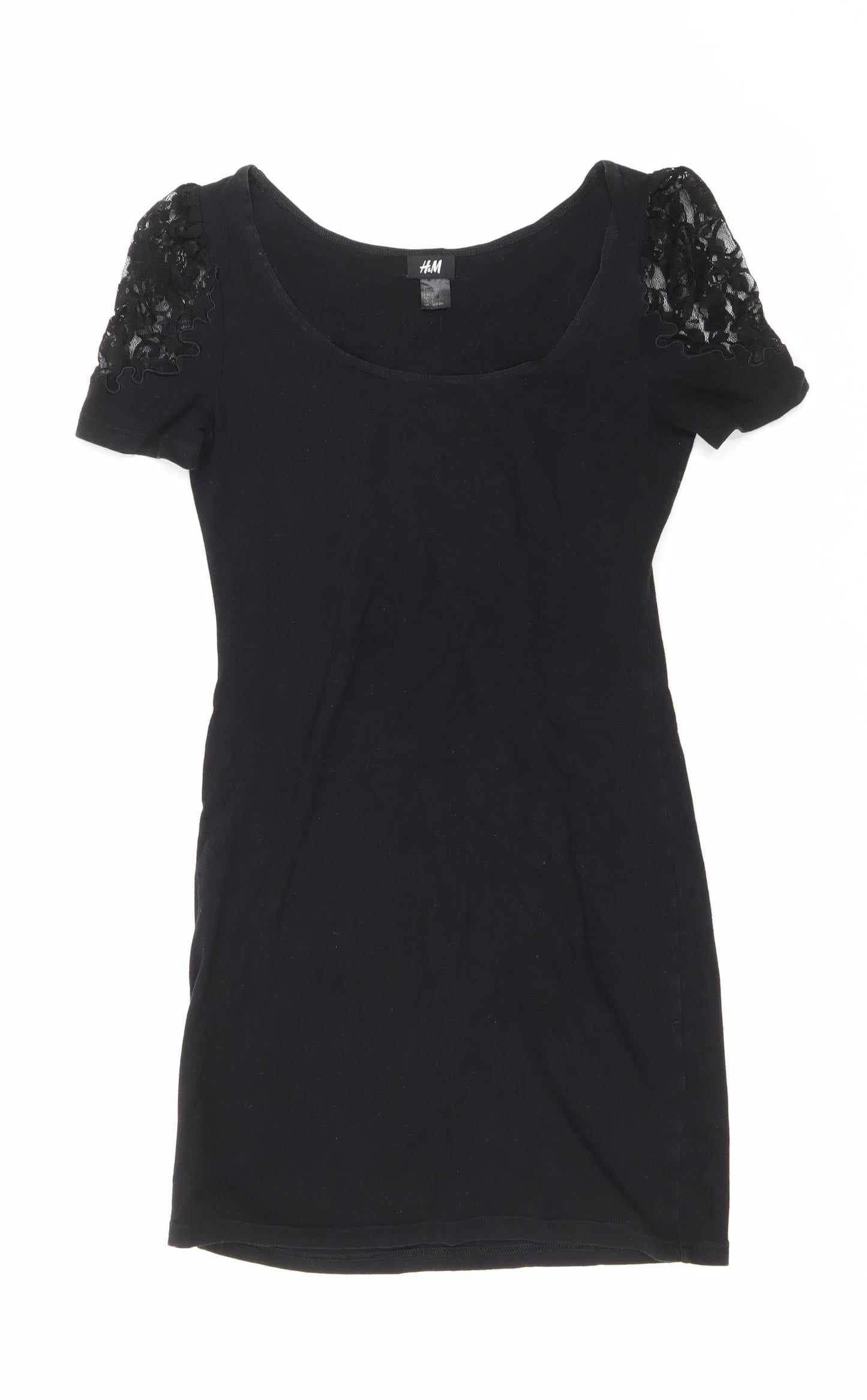 H&M Womens Black Polyester T-Shirt Dress Size 8 Scoop Neck Pullover - Lace shoulder detail