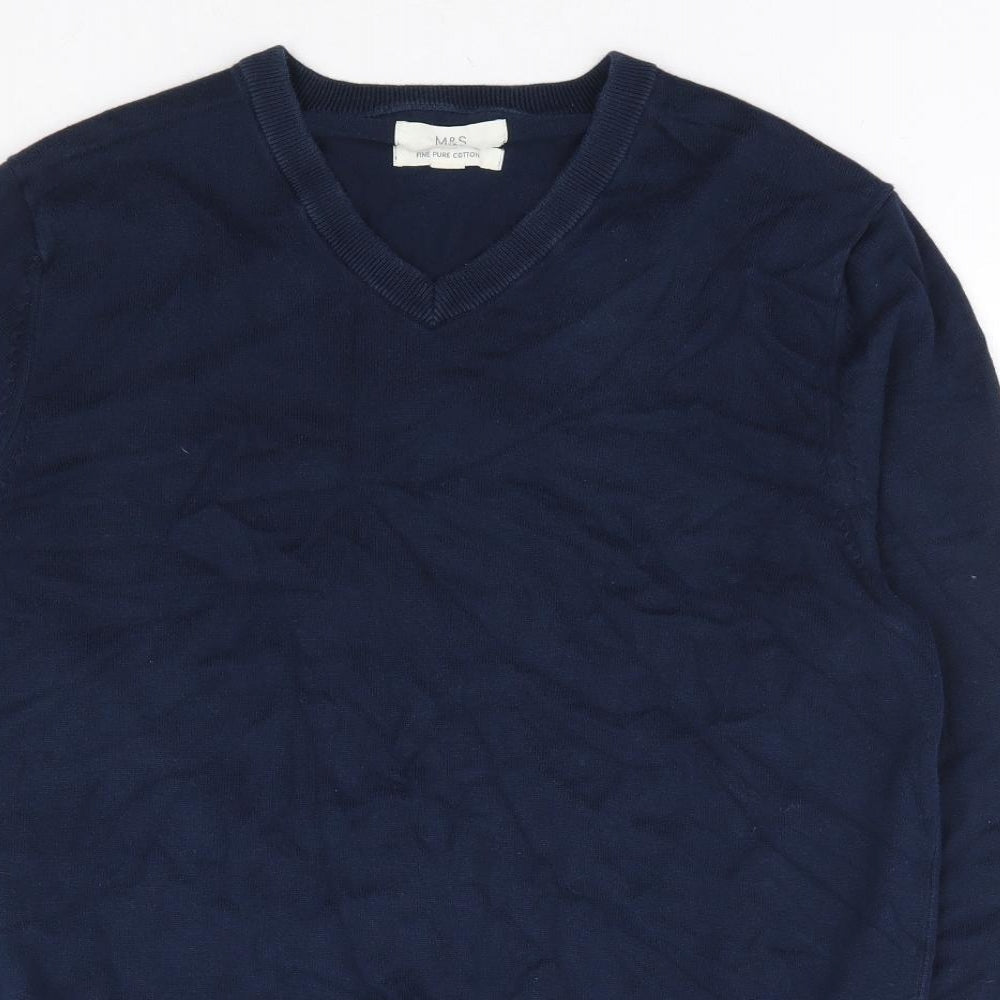 Marks and Spencer Mens Blue V-Neck Cotton Pullover Jumper Size L