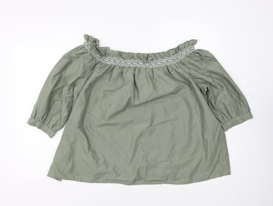 Marks and Spencer Womens Green Cotton Basic Blouse Size 10 Off the Shoulder