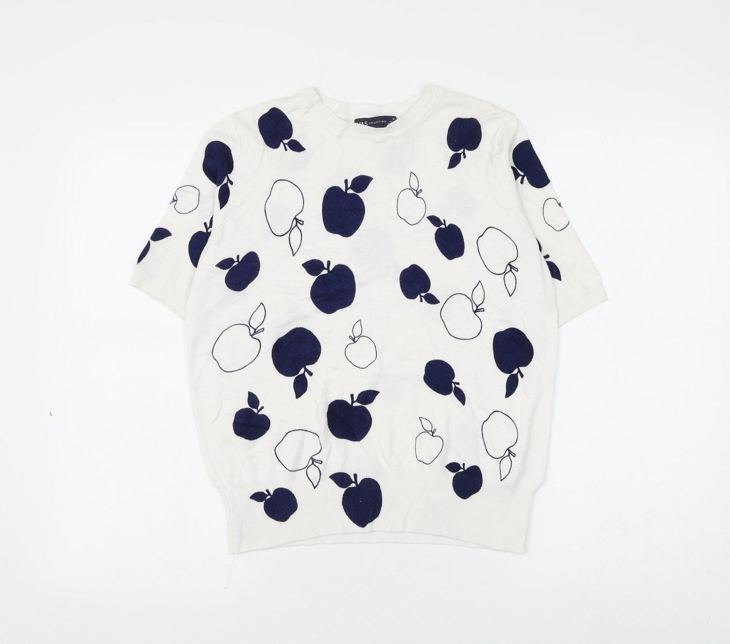 Marks and Spencer Womens White Round Neck Geometric Viscose Pullover Jumper Size 10 - Apple