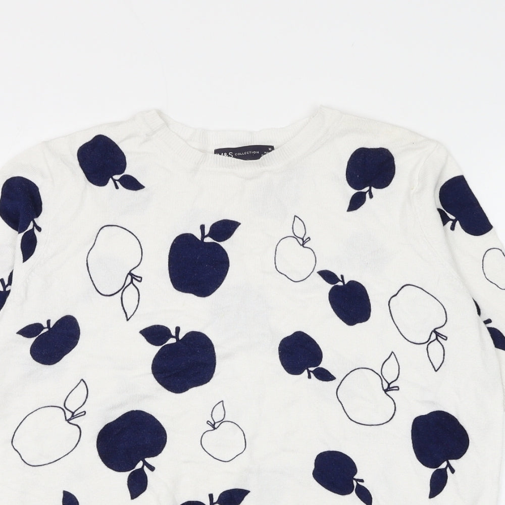 Marks and Spencer Womens White Round Neck Geometric Viscose Pullover Jumper Size 10 - Apple