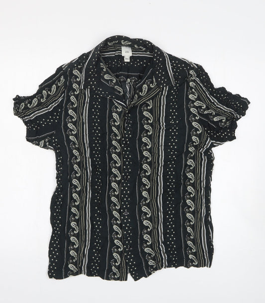 River Island Womens Black Floral Viscose Basic Button-Up Size L Collared