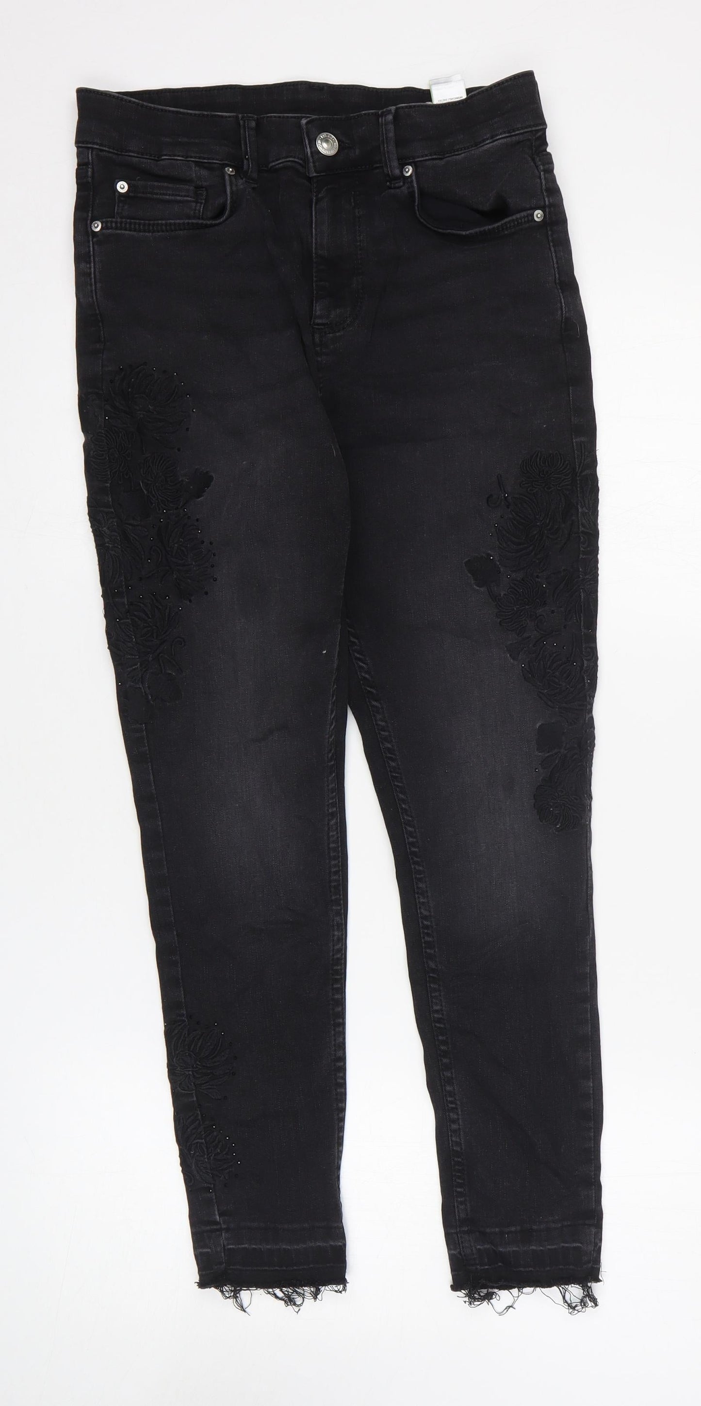 Marks and Spencer Womens Black Floral Cotton Skinny Jeans Size 12 L25 in Regular Zip