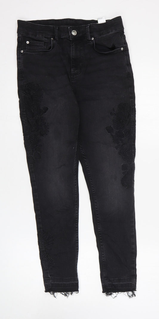 Marks and Spencer Womens Black Floral Cotton Skinny Jeans Size 12 L25 in Regular Zip
