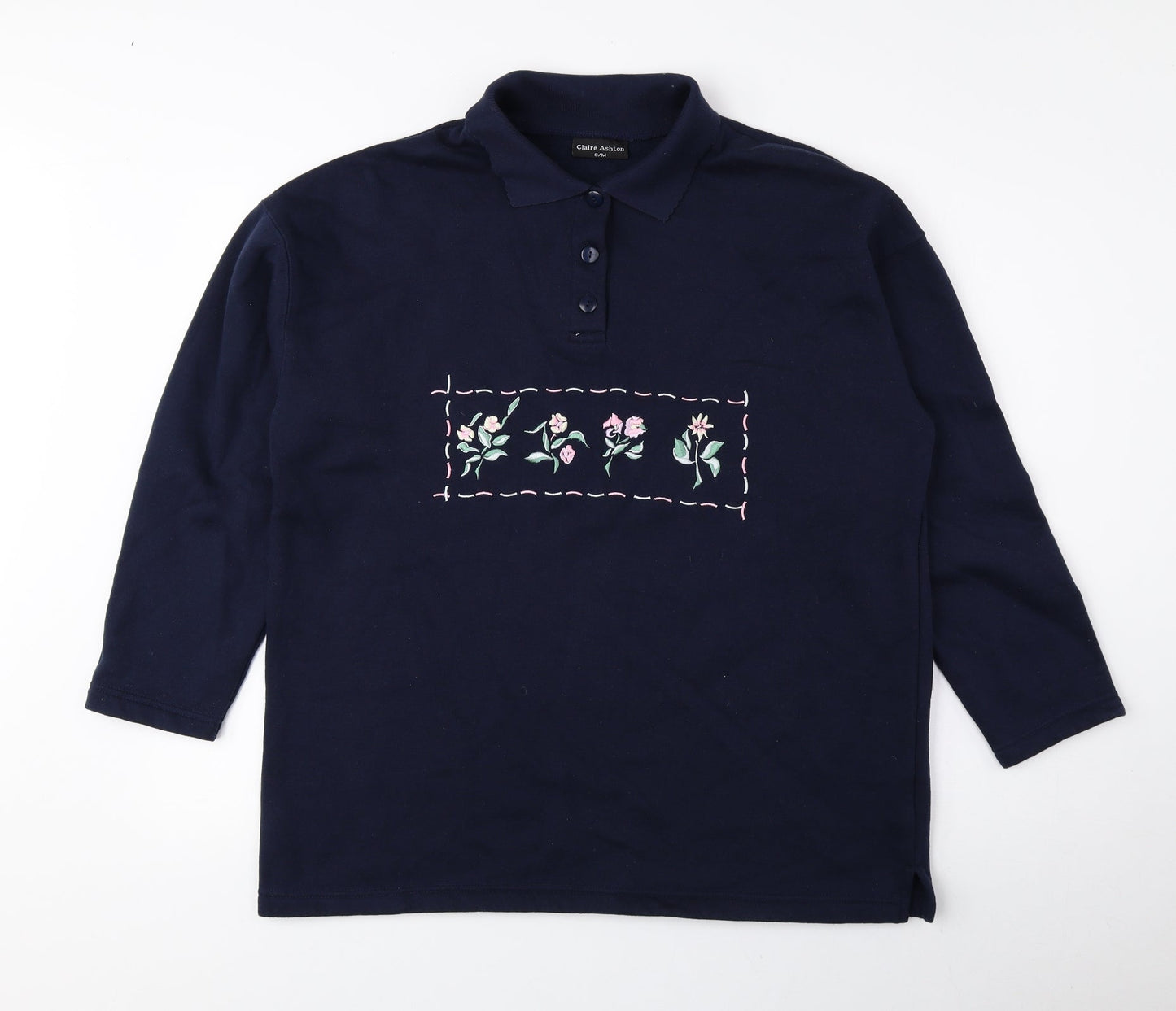 Claire Ashton Womens Blue Floral Polyester Pullover Sweatshirt Size S Button
