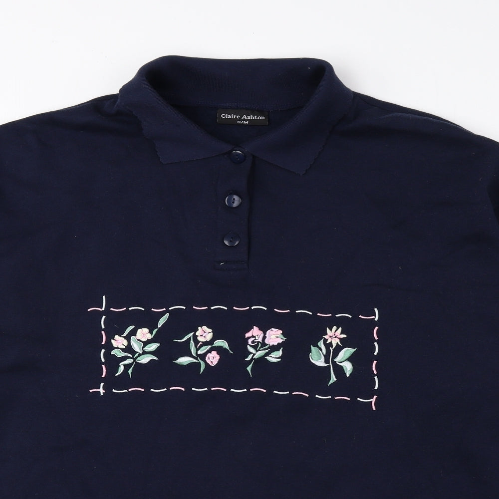 Claire Ashton Womens Blue Floral Polyester Pullover Sweatshirt Size S Button