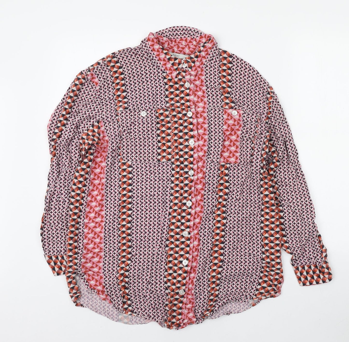 NEXT Womens Multicoloured Geometric Viscose Basic Button-Up Size 14 Collared