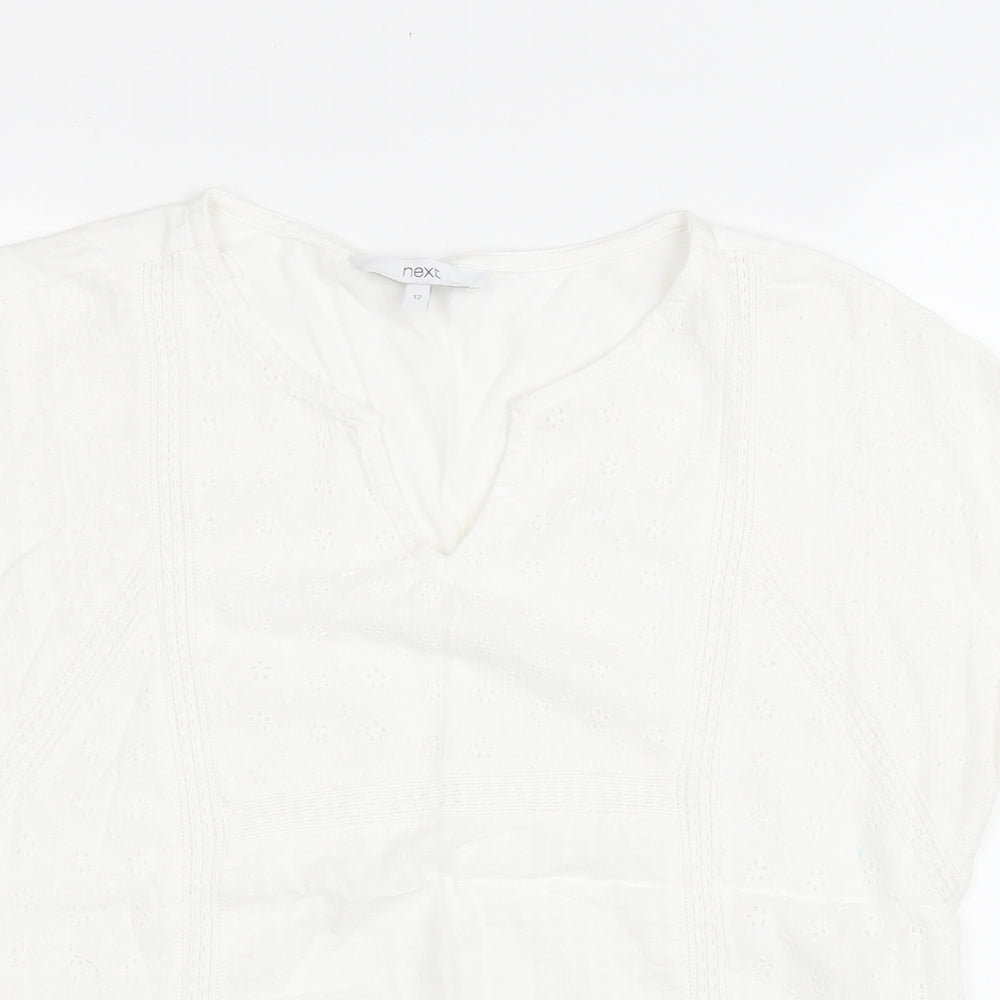 NEXT Womens White Floral Polyester Basic T-Shirt Size 12 V-Neck