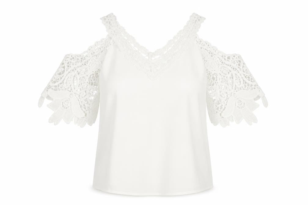 SheIn Womens White Polyester Basic Blouse Size M Collared - Lace trimming and cold shoulder