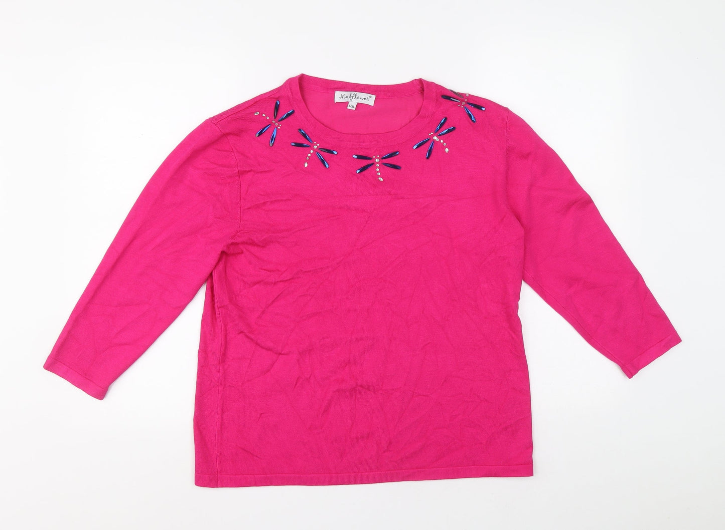 Mudflower Womens Pink Round Neck Viscose Pullover Jumper Size L - Dragonflies