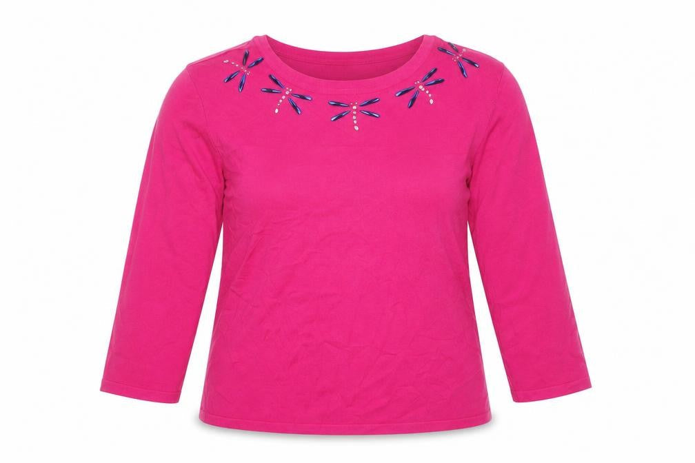 Mudflower Womens Pink Round Neck Viscose Pullover Jumper Size L - Dragonflies