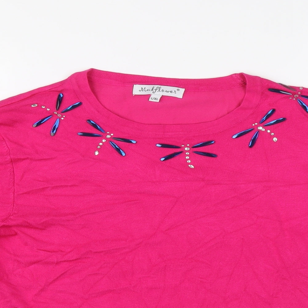 Mudflower Womens Pink Round Neck Viscose Pullover Jumper Size L - Dragonflies