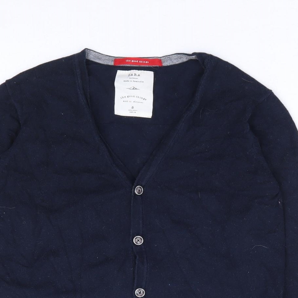 Zara Womens Blue V-Neck Cotton Cardigan Jumper Size 8