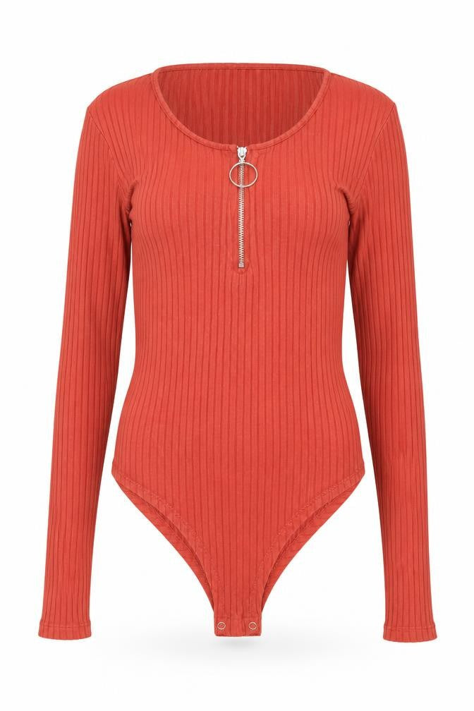 Select Womens Orange Viscose Bodysuit One-Piece Size 10 Zip - Ribbed