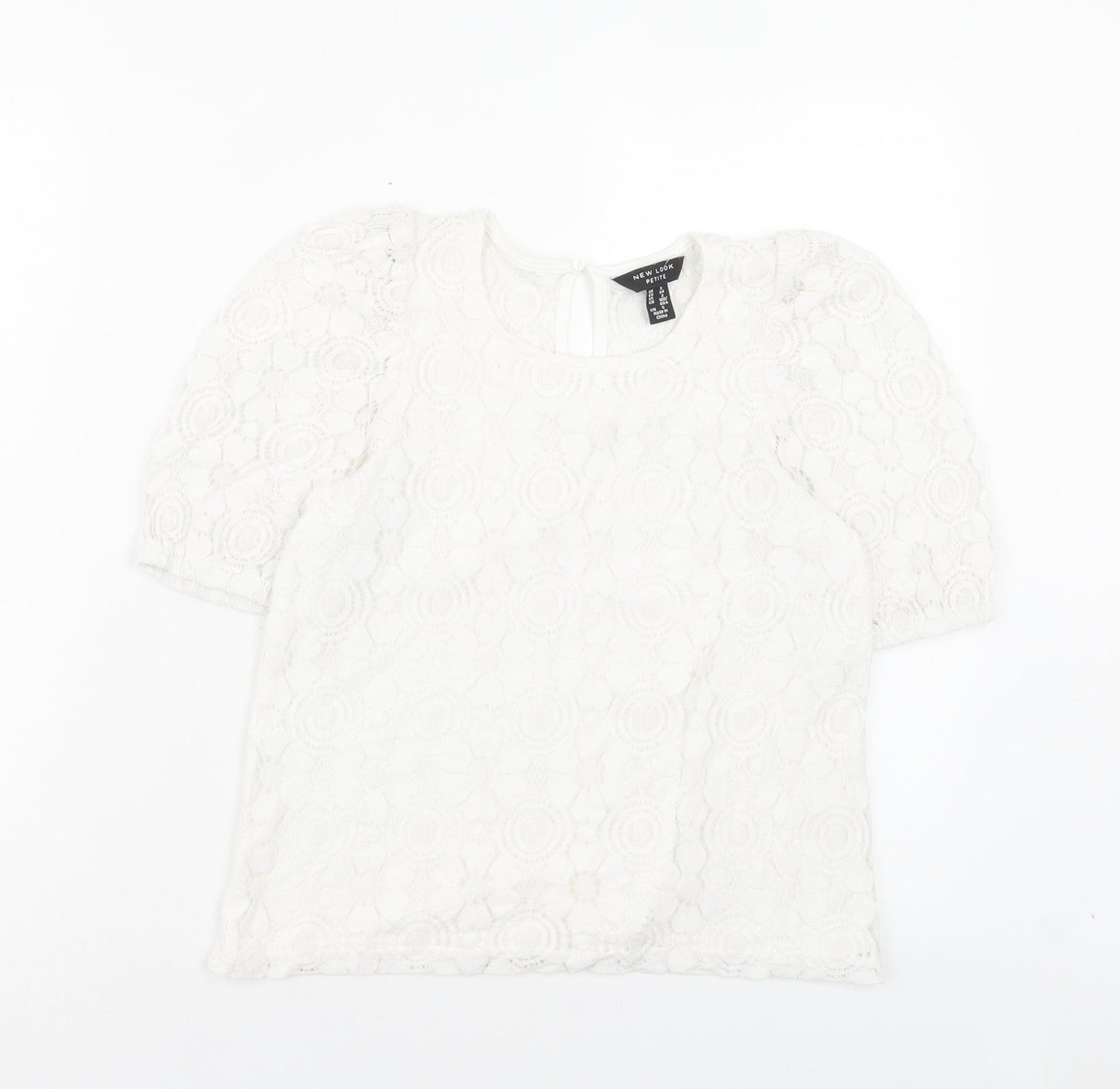New Look Womens White Floral Polyamide Basic T-Shirt Size 6 Crew Neck