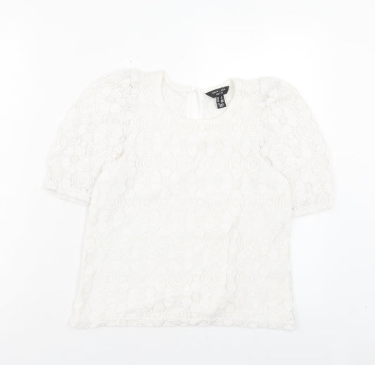 New Look Womens White Floral Polyamide Basic T-Shirt Size 6 Crew Neck