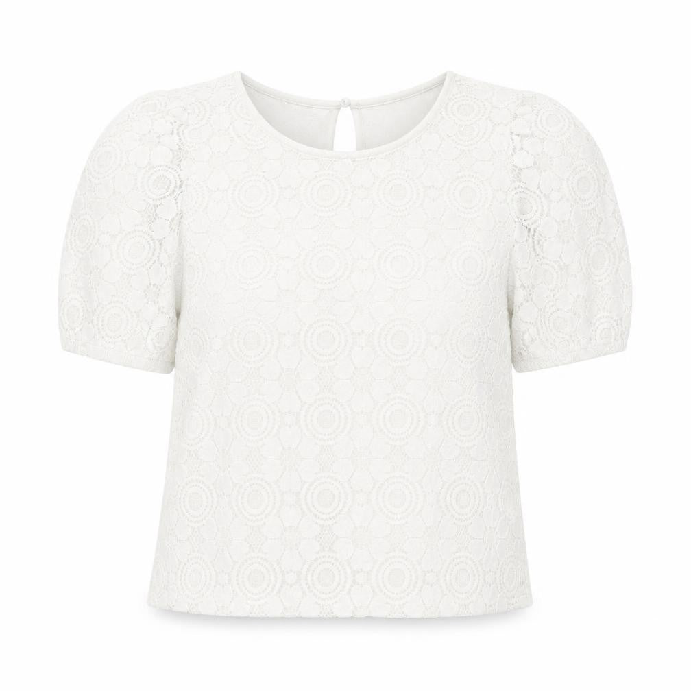 New Look Womens White Floral Polyamide Basic T-Shirt Size 6 Crew Neck