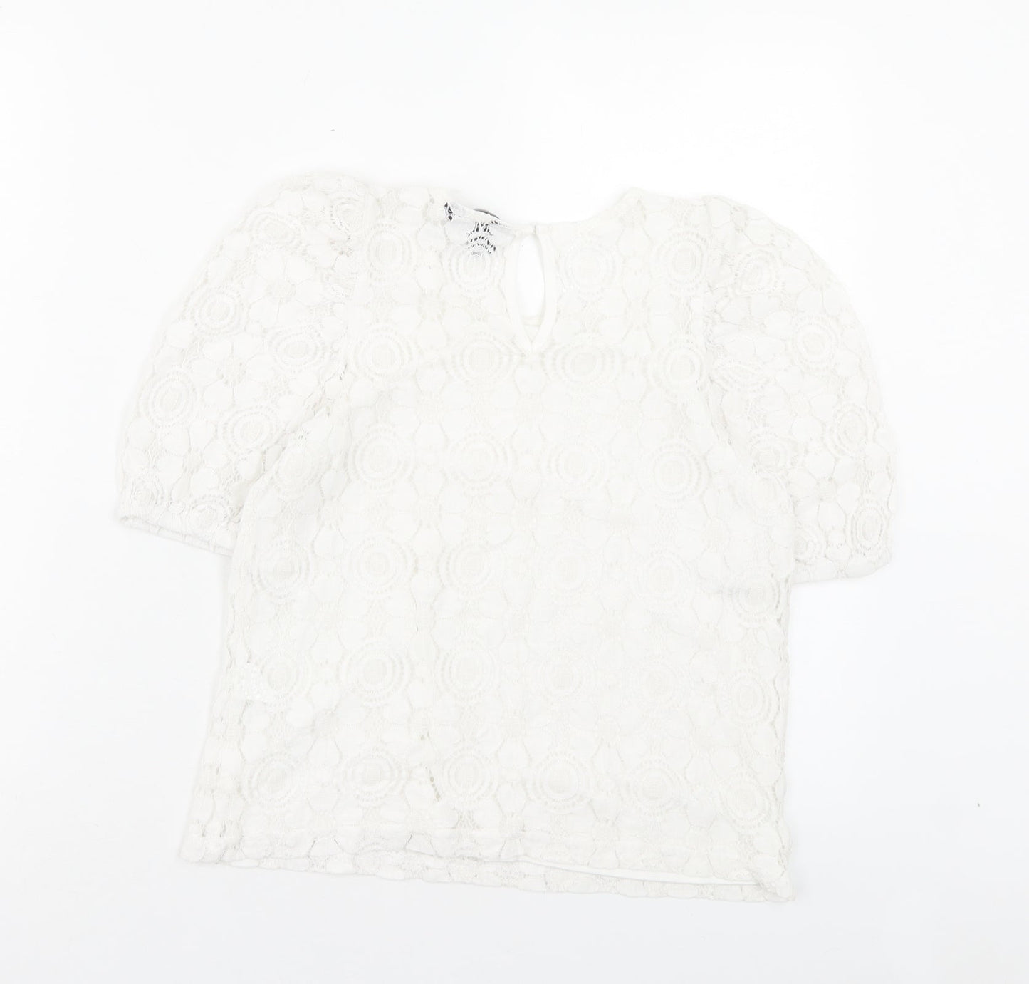 New Look Womens White Floral Polyamide Basic T-Shirt Size 6 Crew Neck