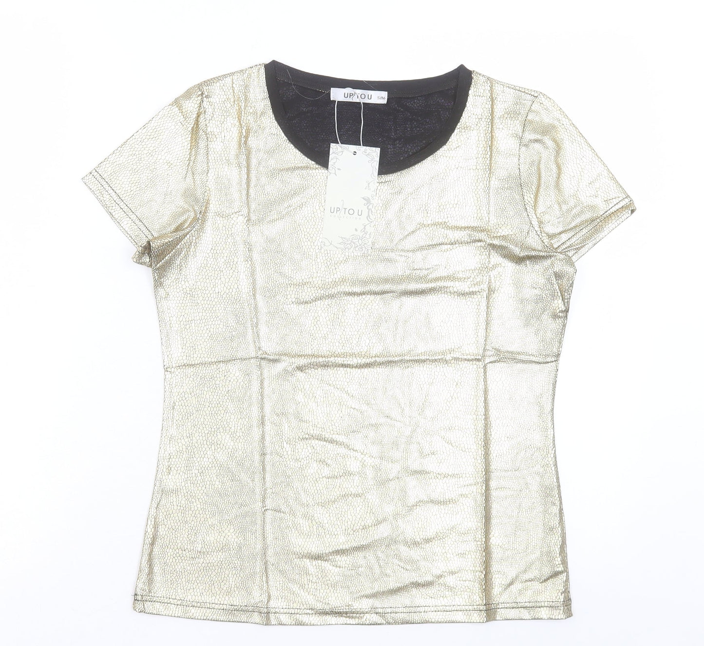Up Tou Collection Womens Gold Polyester Basic T-Shirt Size S Crew Neck