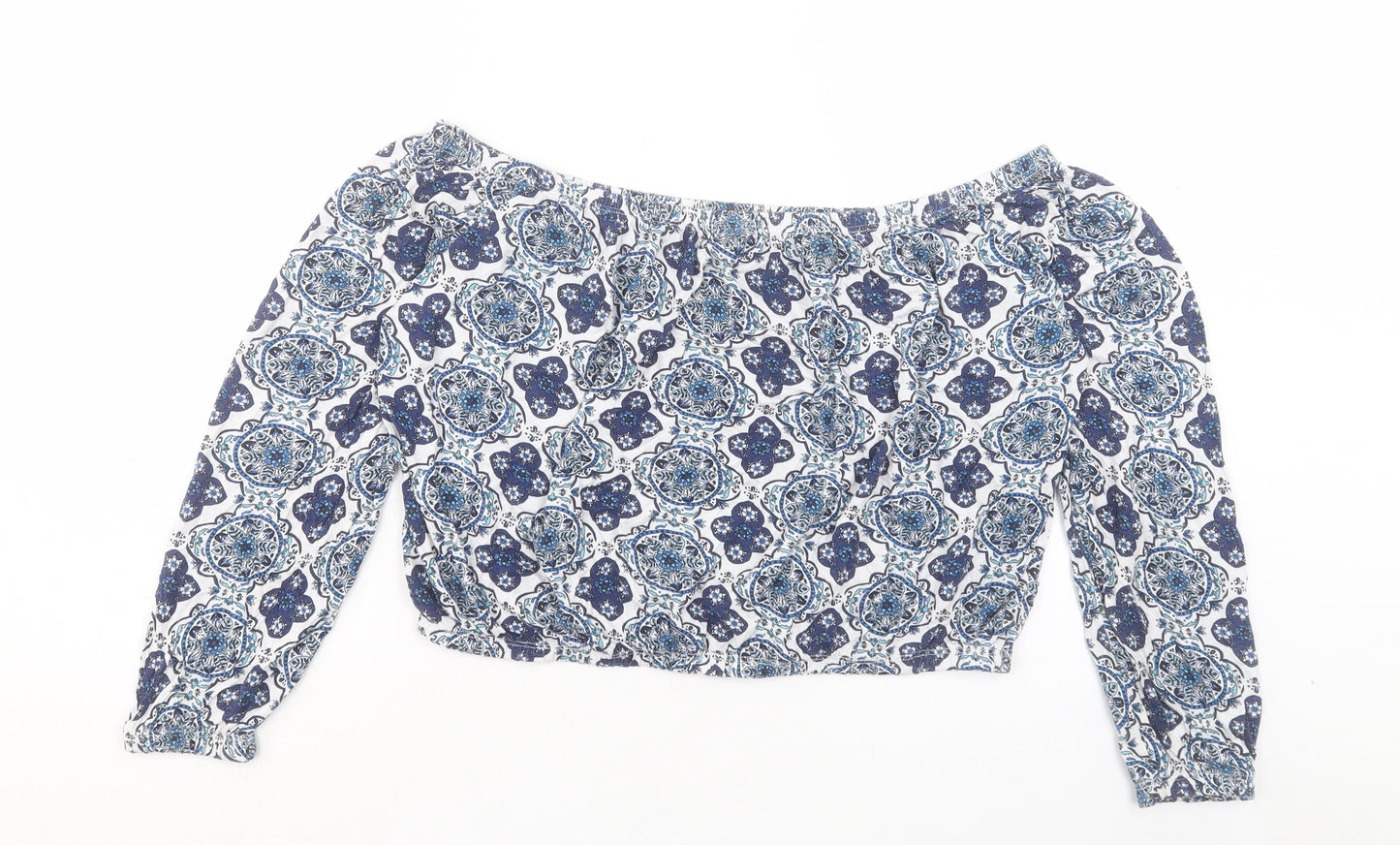 H&M Womens Blue Paisley Viscose Cropped T-Shirt Size L Off the Shoulder