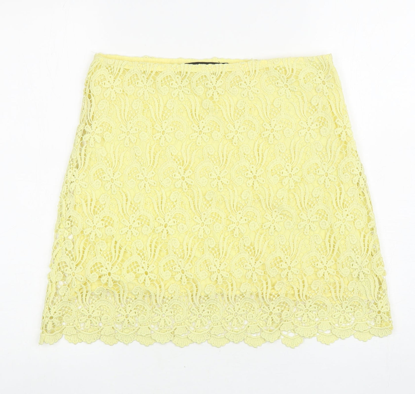 Zara Womens Yellow Floral Cotton A-Line Skirt Size S Zip