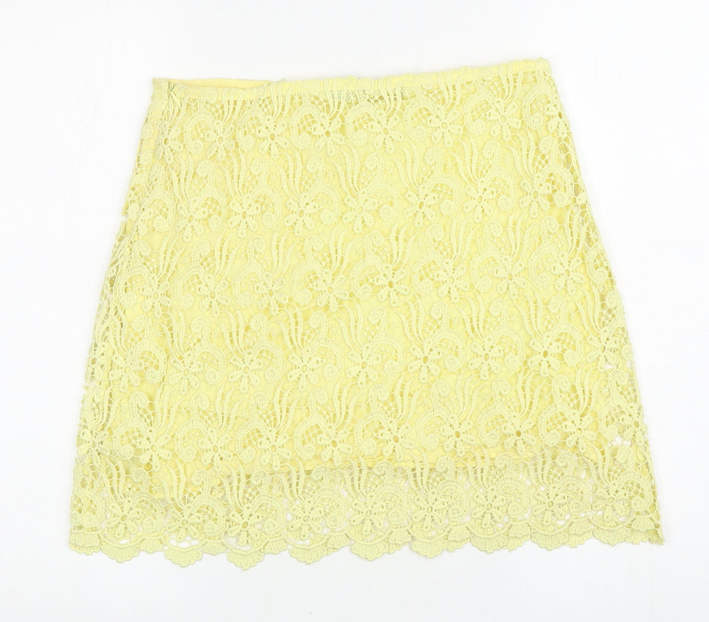 Zara Womens Yellow Floral Cotton A-Line Skirt Size S Zip