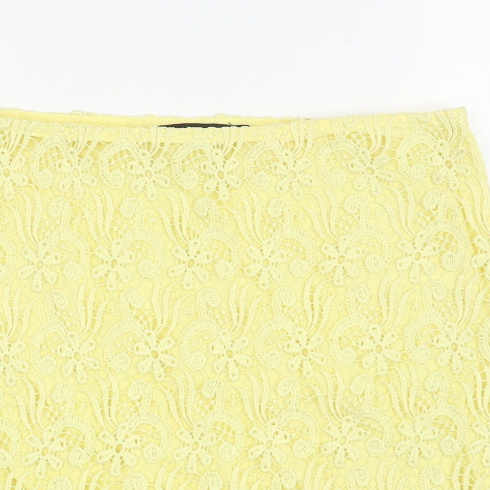 Zara Womens Yellow Floral Cotton A-Line Skirt Size S Zip