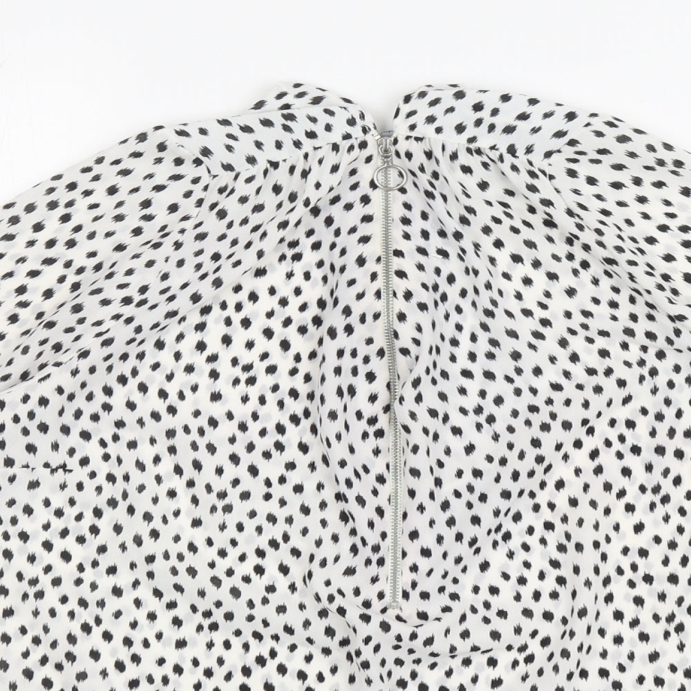 M&Co Womens White Animal Print Polyester Basic Blouse Size 16 Mock Neck
