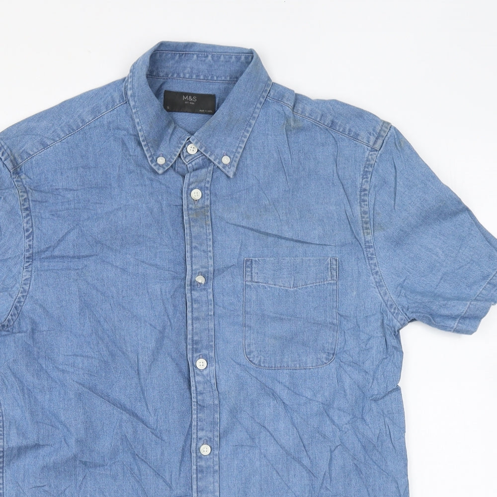 Marks and Spencer Mens Blue Cotton Button-Up Size S Collared Button