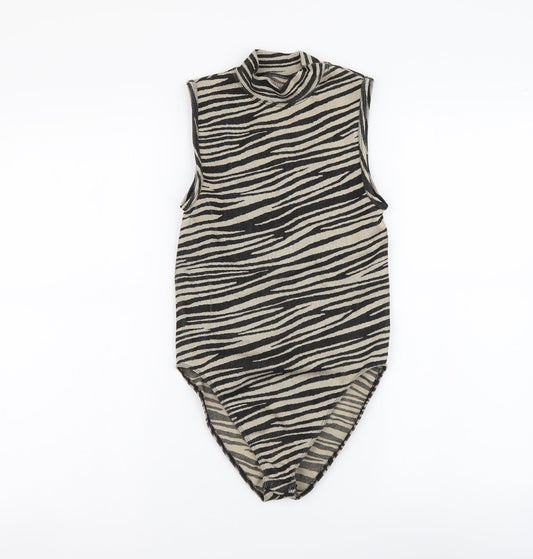 Primark Womens Beige Animal Print Polyester Bodysuit One-Piece Size XS Snap - Zebra skin pattern