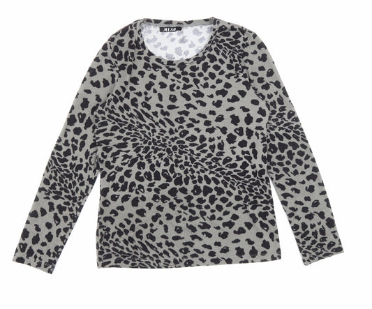 Miao Womens Grey Animal Print Cotton Basic T-Shirt Size L Round Neck - Leopard print