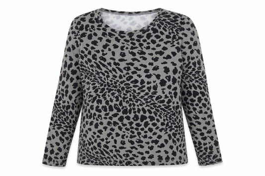 Miao Womens Grey Animal Print Cotton Basic T-Shirt Size L Round Neck - Leopard print
