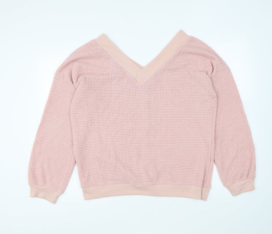 Adreamly Womens Pink V-Neck Acrylic Pullover Jumper Size XL