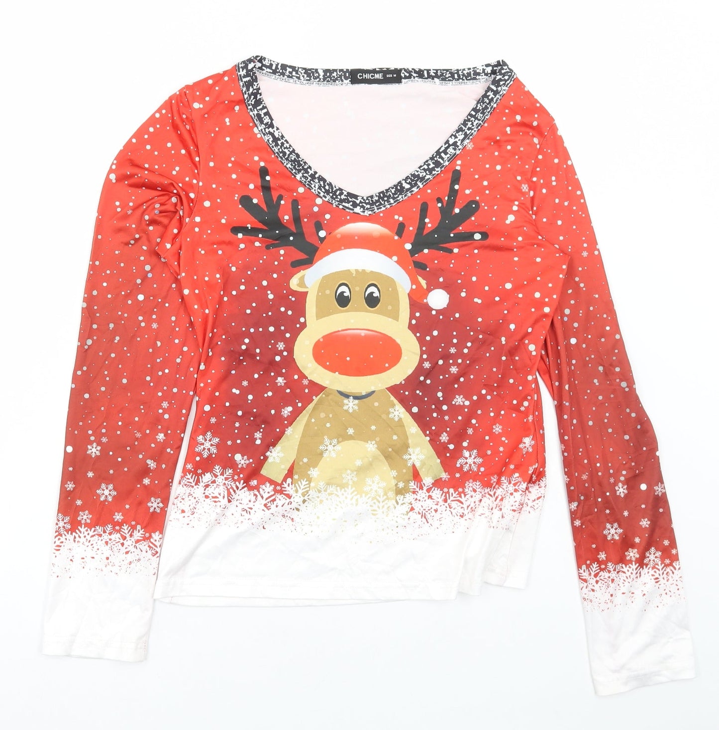 ChicMe Womens Multicoloured Cotton Basic T-Shirt Size M V-Neck - Reindeer