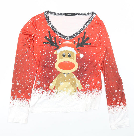 ChicMe Womens Multicoloured Cotton Basic T-Shirt Size M V-Neck - Reindeer