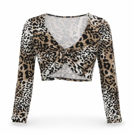 PRETTYLITTLETHING Womens Brown Animal Print Viscose Cropped T-Shirt Size 10 V-Neck
