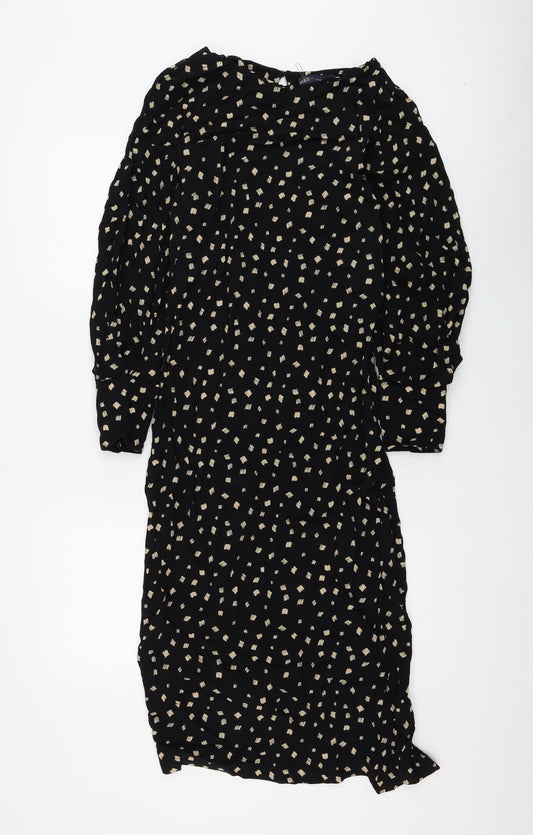 Marks and Spencer Womens Black Geometric Viscose A-Line Size 6 Round Neck Button