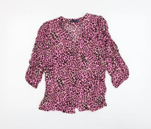 Marks and Spencer Womens Pink Animal Print Viscose Basic Button-Up Size 6 V-Neck - Leopard Print
