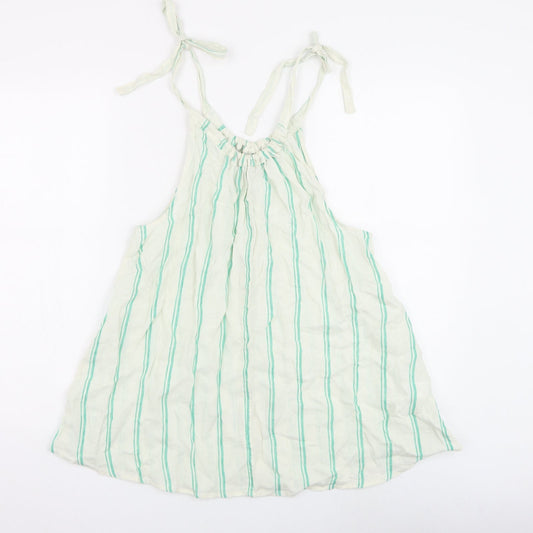 Marks and Spencer Womens White Striped Flax Basic Blouse Size 10 Round Neck