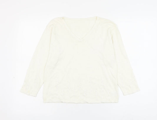 Preworn Womens White V-Neck Ramie Pullover Jumper Size M - Flower